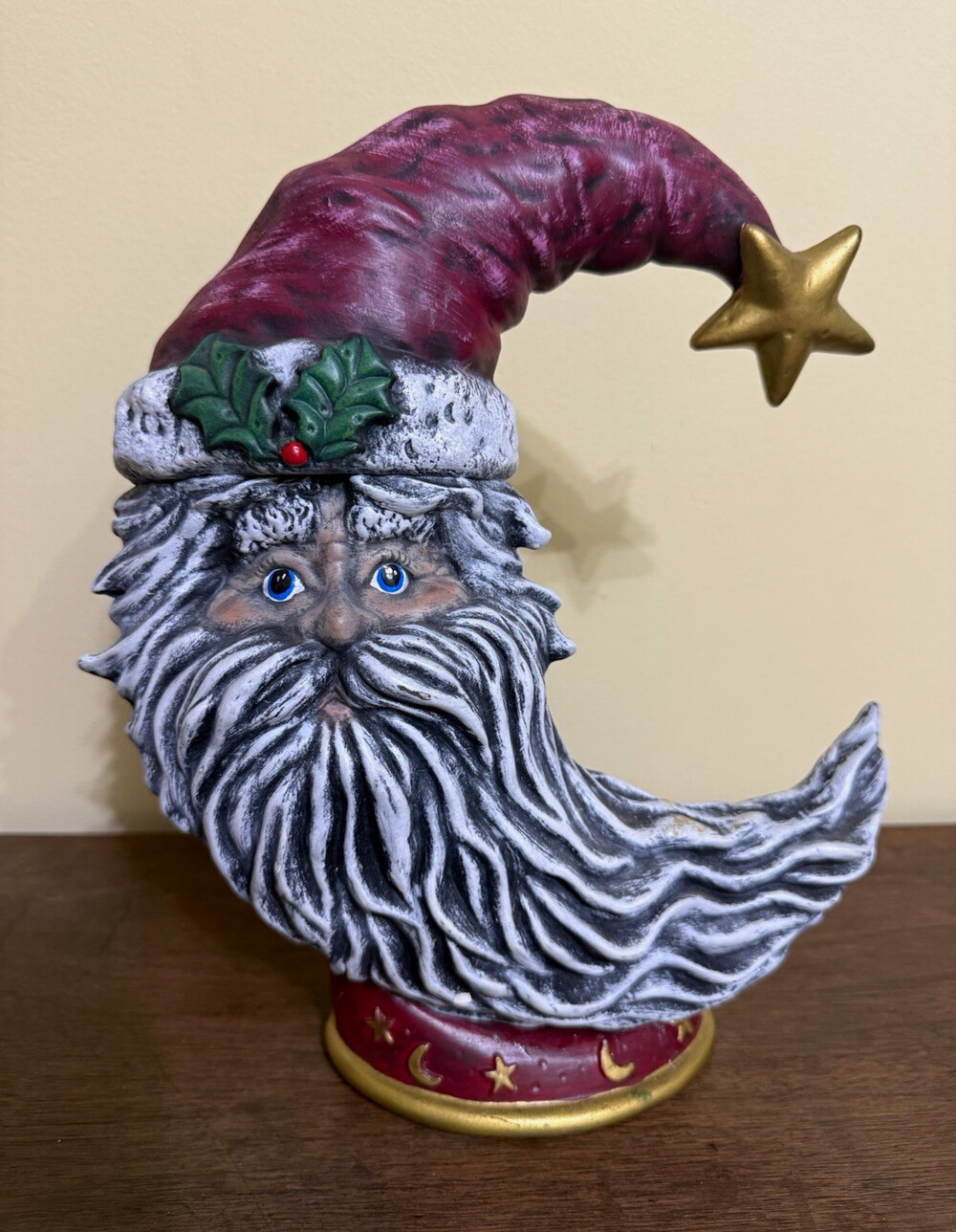 Vintage 1993 Hand Painted Ceramic Crescent Moon Santa Claus Figurine Whimsical